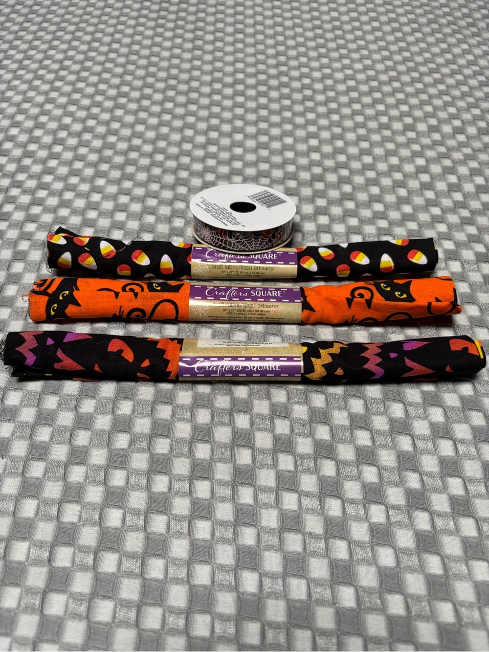 Halloween Craft Fabric 20x21 Cotton and Ribbon Spider Web, Candy Corn, Black Cat